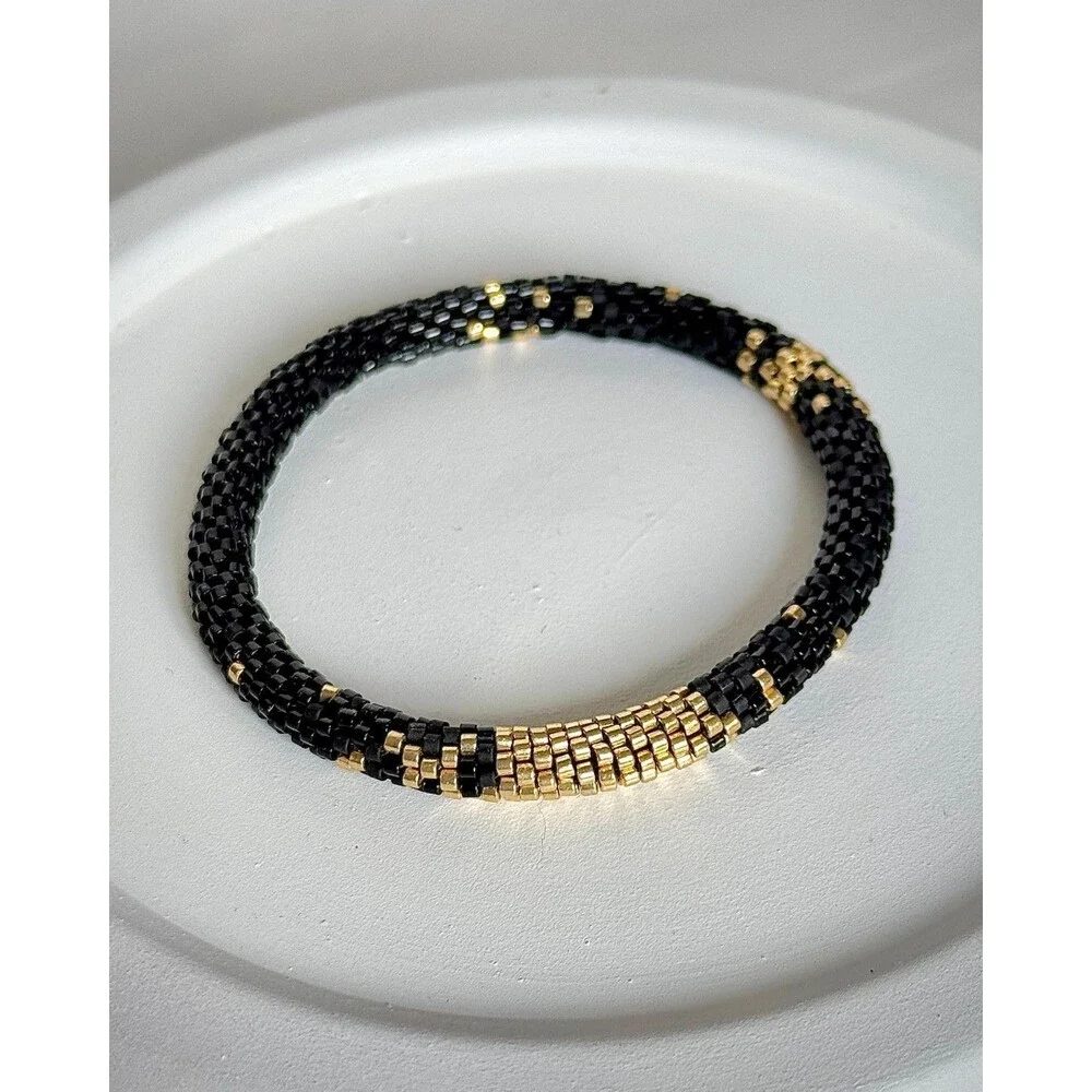 Handmade Miyuki Seed Bead Bracelet - Black & 24k Gold - Crochet Rope
